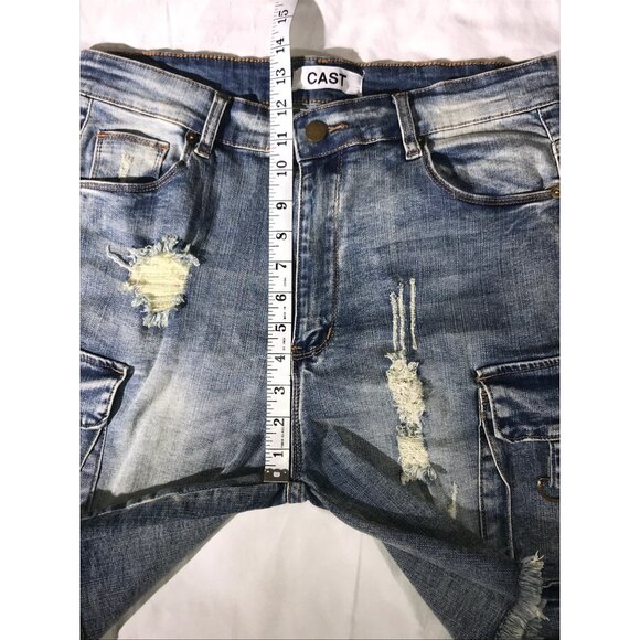 Cast Mens Distressed Denim Cargo Shorts Frayed Hem & Pockets - Picture 7 of 9